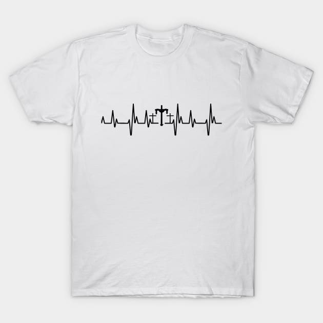 Black Heartbeat three crosses at crucifixion Christian easter T-Shirt by Fafi